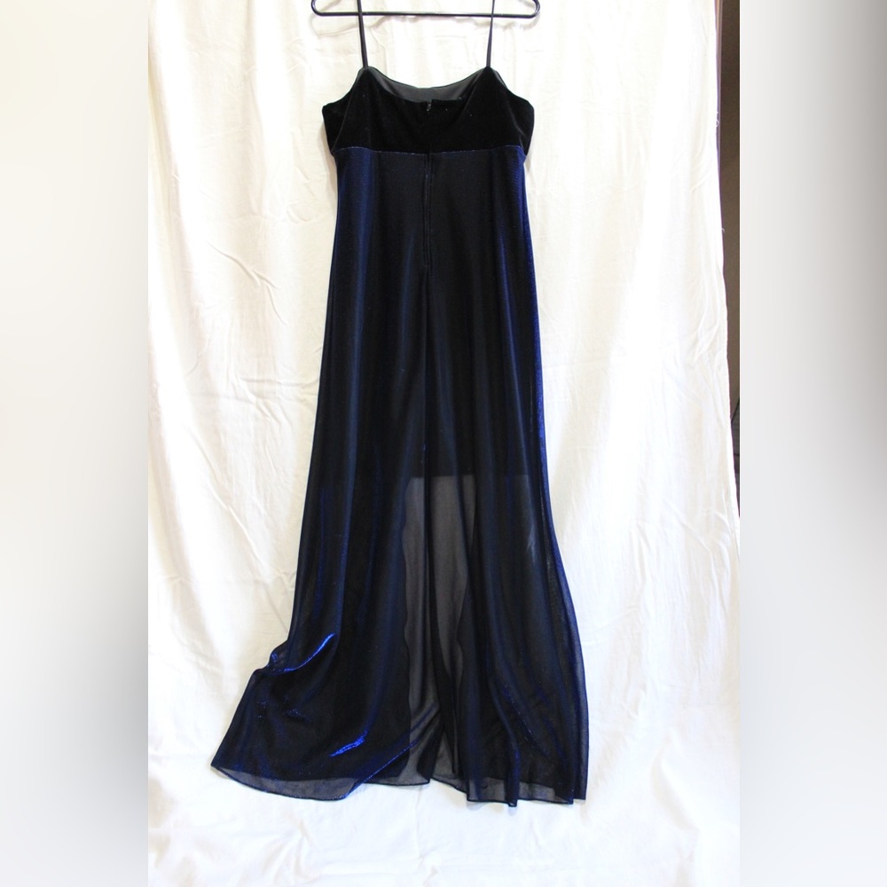 Black prom dress with shimmery blue train